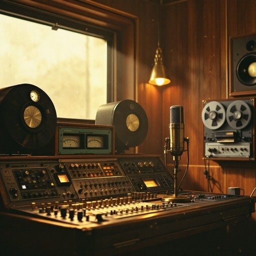 Historisches analoges Tonstudio mit Mischpult, Mikrofon und Tonbandmaschinen